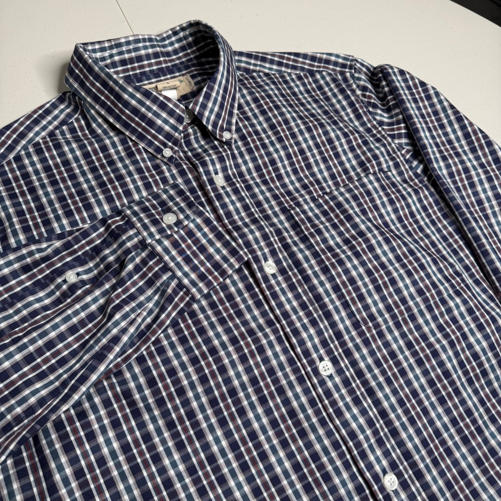 Duluth Trading Co Wrinklefighter Shirt Men Large Trim Fit Plaid Button Down Navy